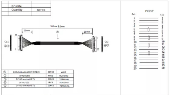 0.3 मिमी एलवीडीएस वायर हार्नेस 30AWG 20 पिन केबल लैपटॉप स्क्रीन